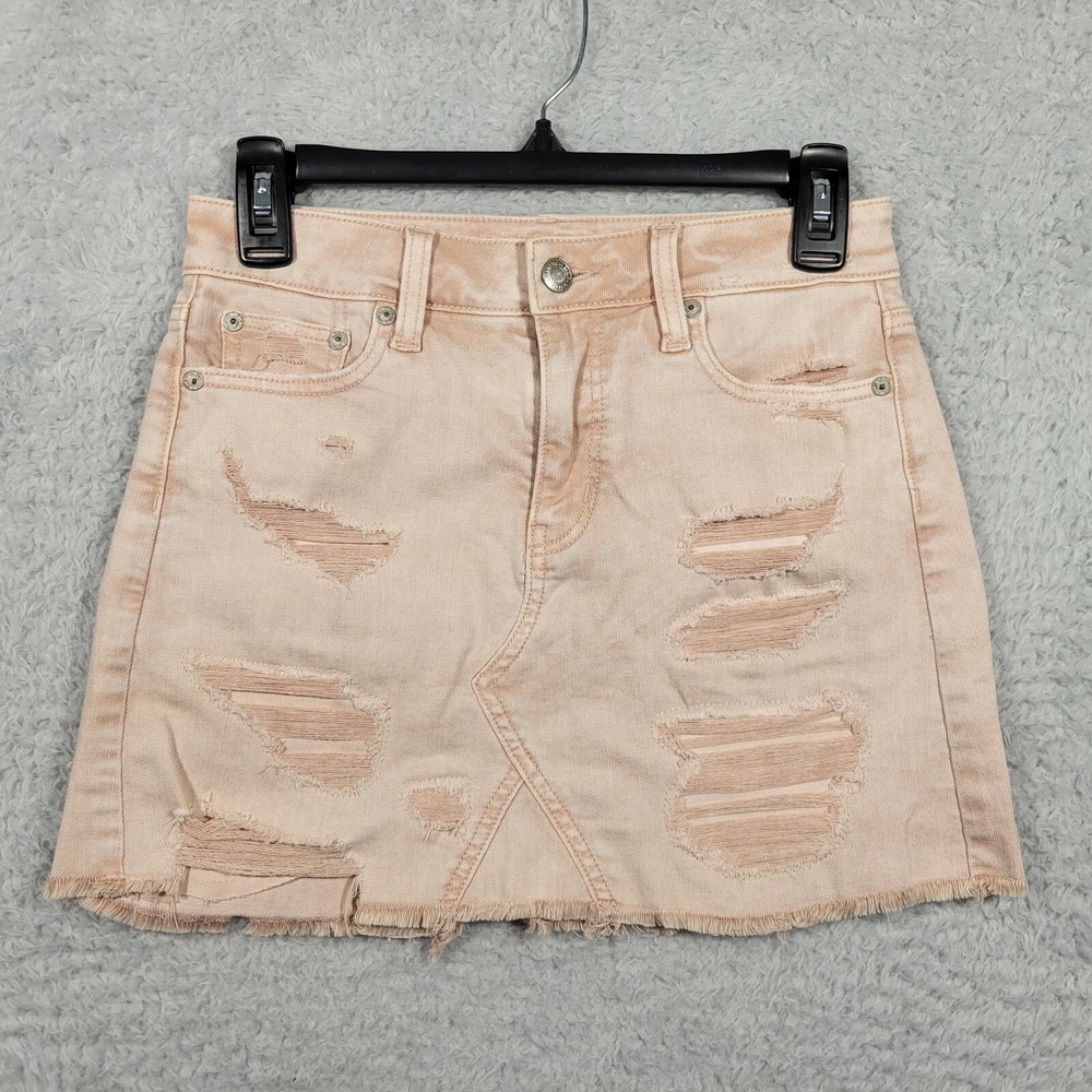 American Eagle Denim Mini Skirt Womens 00 Pink Distressed Super Stretch Raw Hem